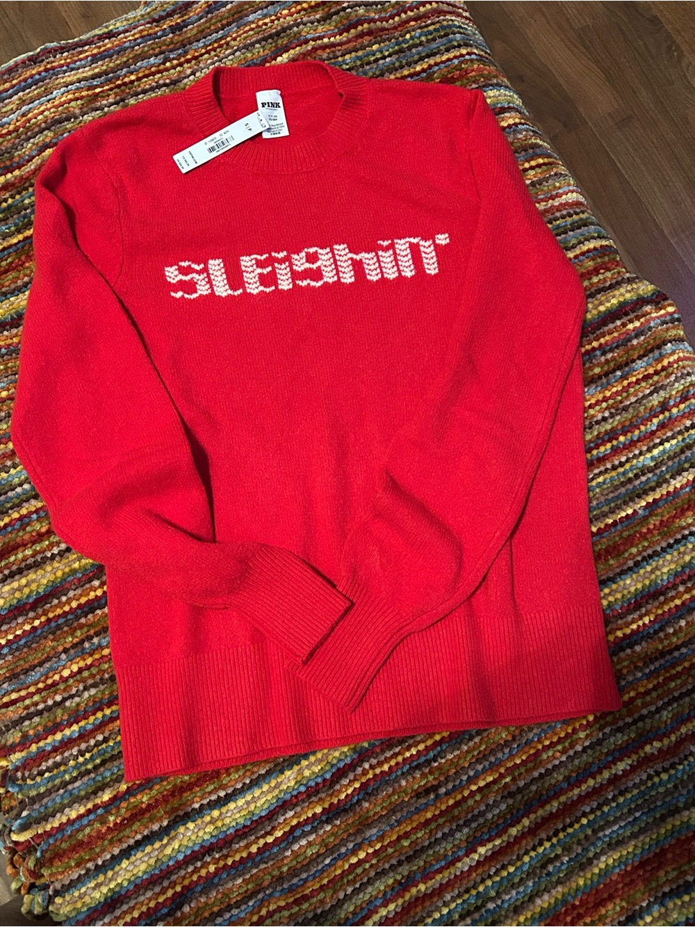 Victoria's Secret Red Crewneck knit Sweater with White Sleighin Logo size small